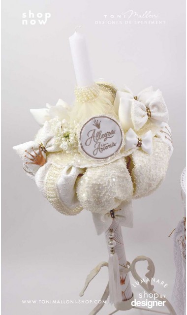 Lumanare botez cu aplicatii perle si broderie Artemis 1